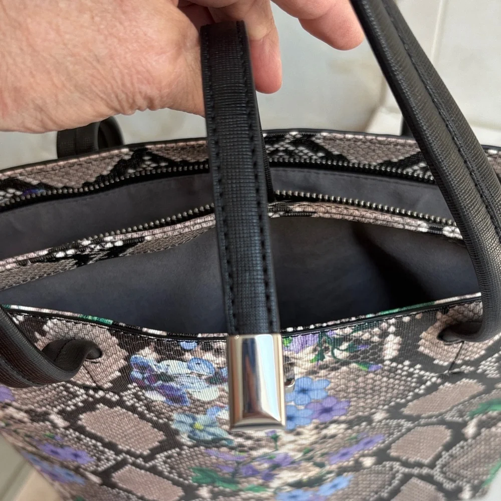 Vince Camuto Leila Large Violet Floral and Snake Print Faux Leather Tote. EUC